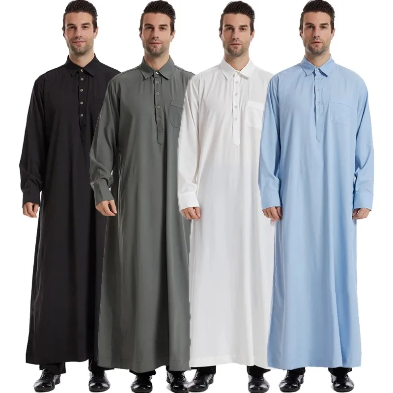 Jubah pria Arab gaun Maxi kasual lengan panjang baju Muslim berkancing Islam pakaian Muslim Ramadan Jubba Thobe Dubai Turki Abaya kaftan