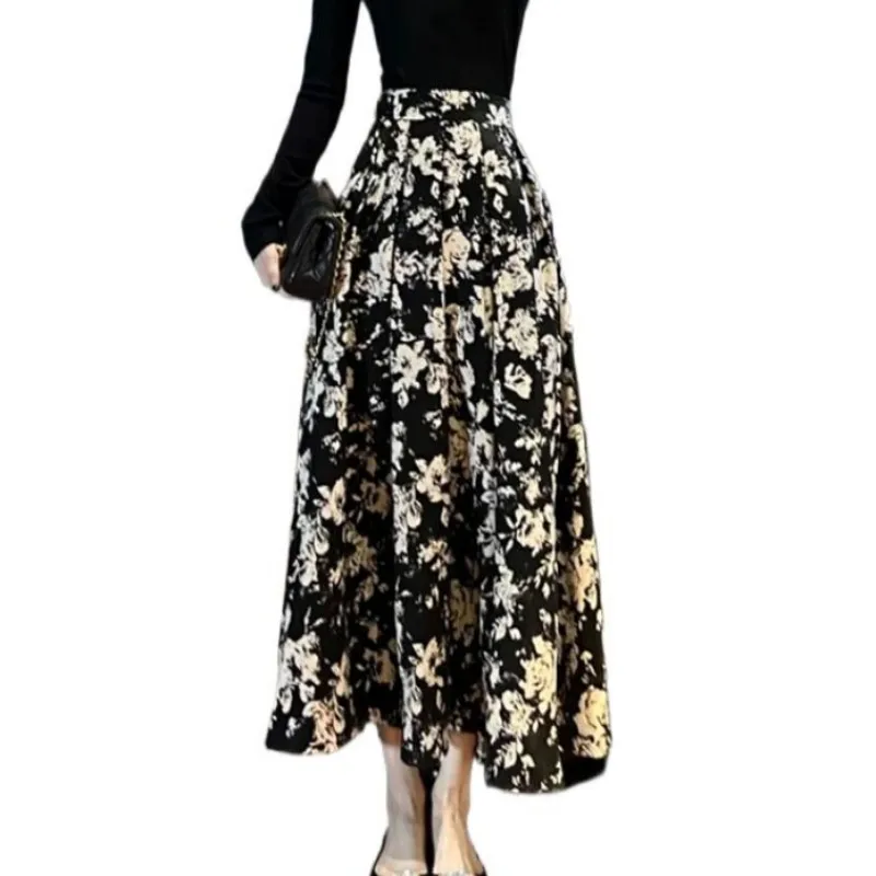 Plus size women skirts New Spring Autunm office lady fashion Elegant Floral printed long maxi skirts Ink printed pleated skirt