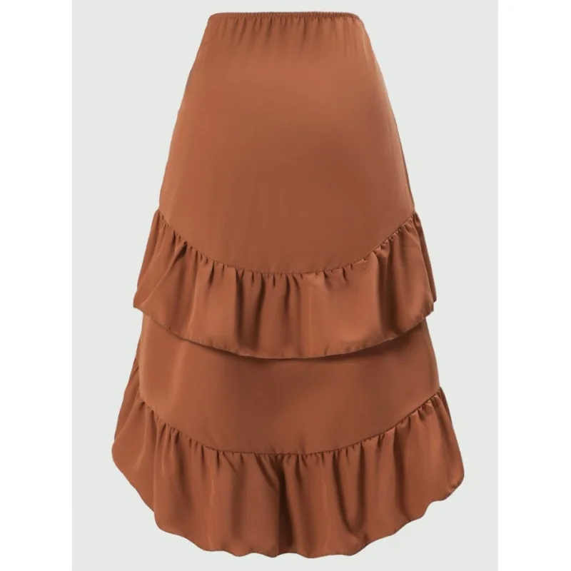 Elegant Pure Color Splice Skirt 2026 Women Summer New High Waist Slimming Ruffle Skirt Fashion Asymmetrical Hem Casual Outfit
