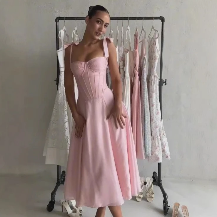 

Suninheart Pink Elegant Party Dresses 2025 Summer Midi Corset Dress Fit and Flare Holiday Dress Good Quality