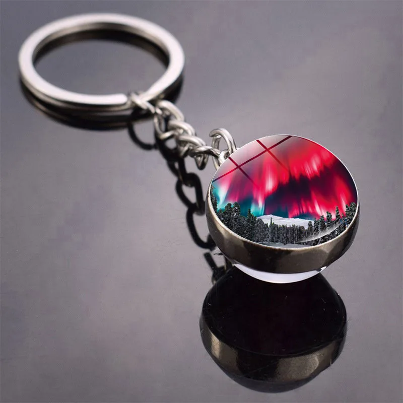 Northern Lights Keychain Fashion Luminous Aurora Double-Sided Glass Ball Car Handbag Pendant Keychain Astronomy Lover Gift