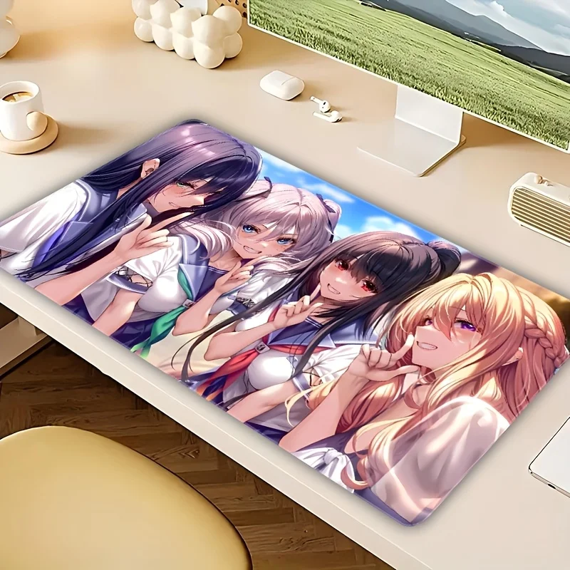 A Large Mouse Pad Featuring an Anime Girl Design, Suitable for Home And Office Use with a Non-Slip Surface.