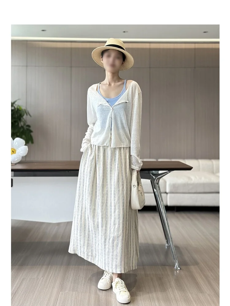 

Летняя женская льняная юбка А-силуэта с вышивкой в полоску, повседневная, с завышенной талией, для работы и свиданий