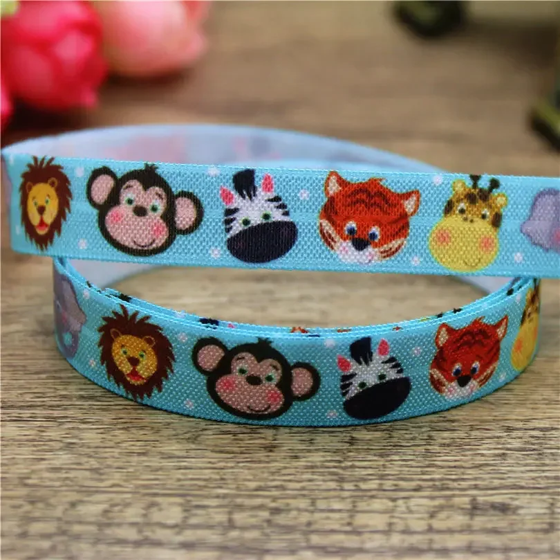 DHK 5/8\'\' 5yards Animals Owl Sloth Fox Dinosaur Printed Fold Elastic FOE Stretch Ribbon Headwear Headband DIY OEM C1728