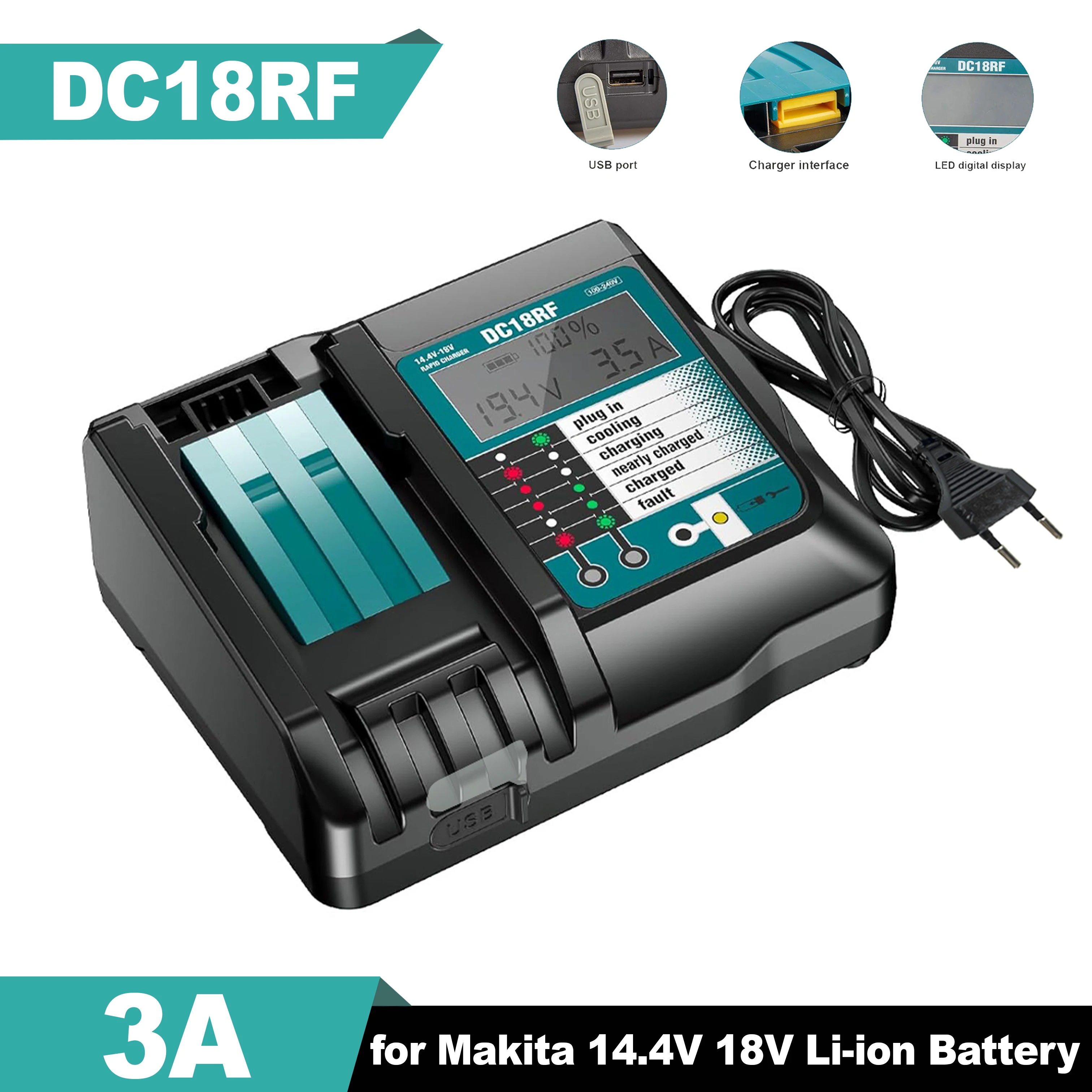 DC18RF Li-ion Battery Charger 3A Charging Current for Makita 14.4V 18V BL1830 Bl1430 DC18RC DC18RA Power tool with USB
