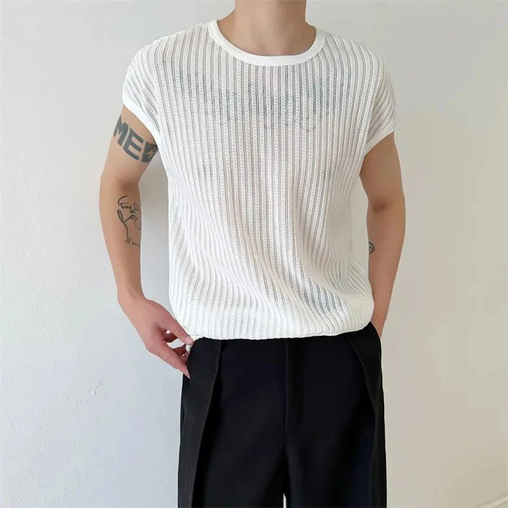 

Mens Micro-Transparent Hollow T-Shirt Summer Streetwear Breathable Fashion Niche Plain Short-Sleeve Top Men'S Clothing 2025 New
