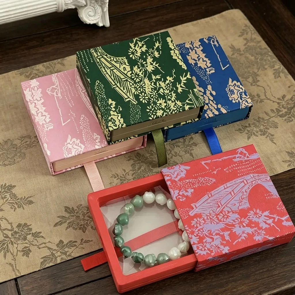 Vintage Floral Drawer-Style Jewelry Packaging Box with PE Film Display Window for Rings Bracelets Necklaces Display Box Organize