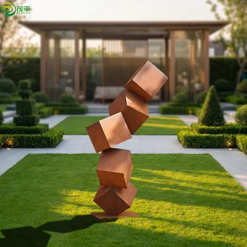 Factory Customizable Color and Size Outdoor Decorative Metal Weathering Steel Geometric Cube Sculpture