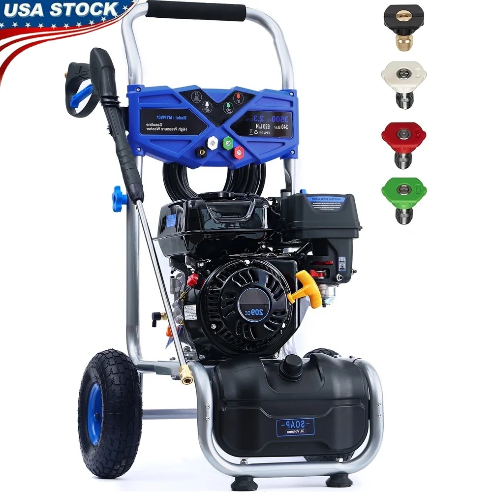 

Мойка высокого давления газа, 3500 фунтов на квадратный дюйм, 2,3 галлонов в минуту, 209 куб.см, двигатель, 4 насадки для быстрого подключения, 25 футов, шланг для чистки автомобилей, патио, на открытом воздухе