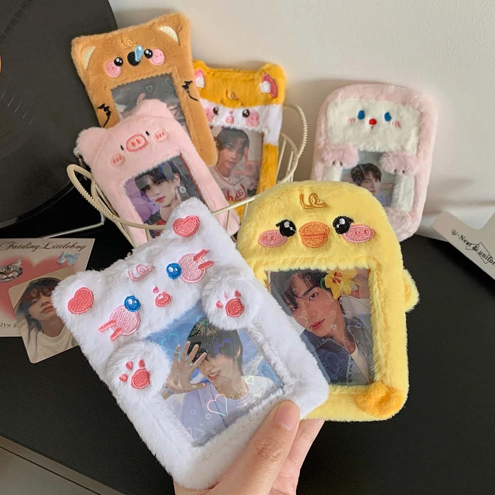 Korean Style Idol Cartoon Photocard Holder Cat Pig Yellow Duck Bear with Keychain Pendant Animal Card Cover Protective Case
