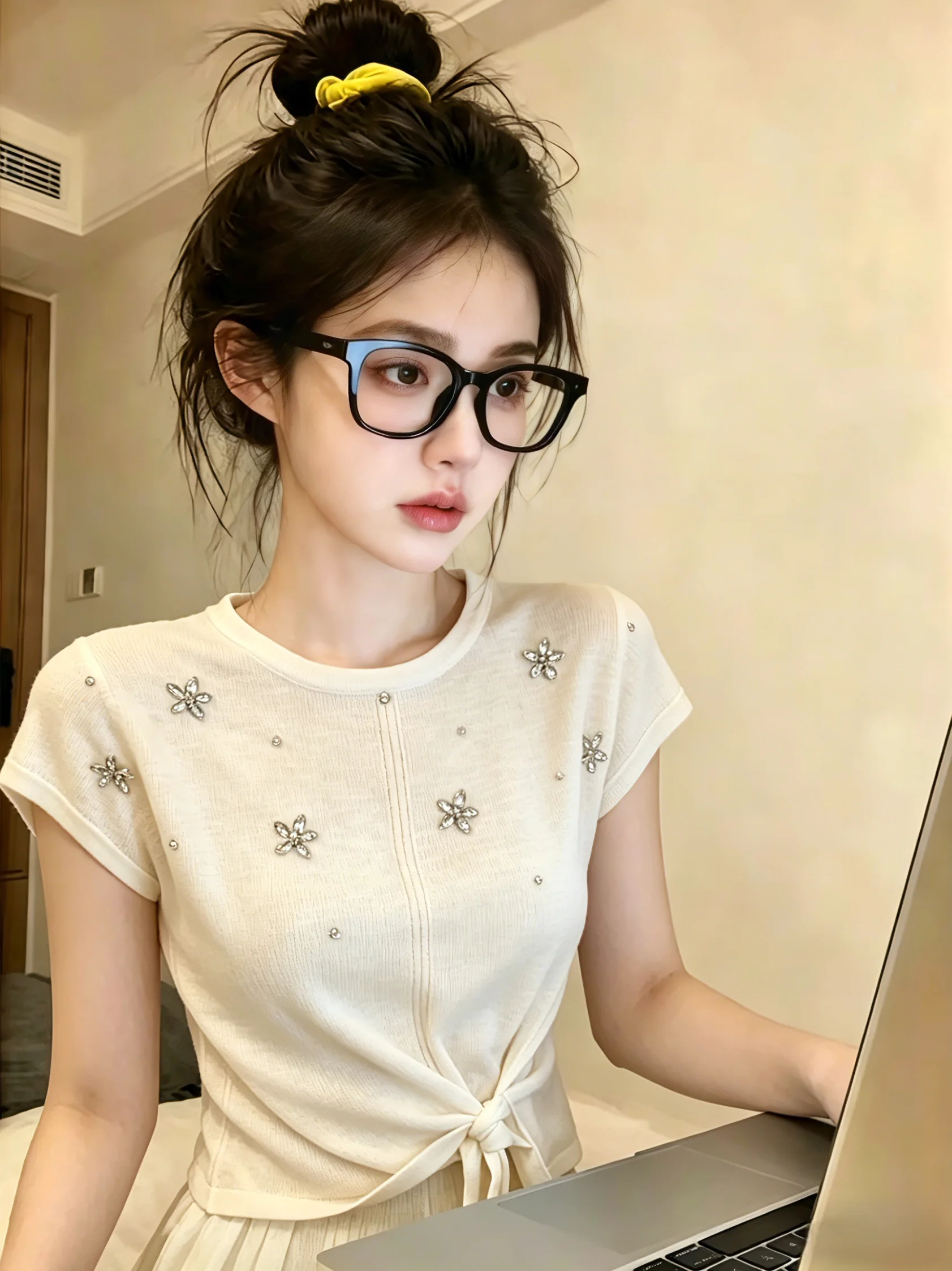 

Summer Short Sleeve Knitted Top with Embellished Buttons And Waist-Cinching Belt Korean Style Straight Cut Silk Blend