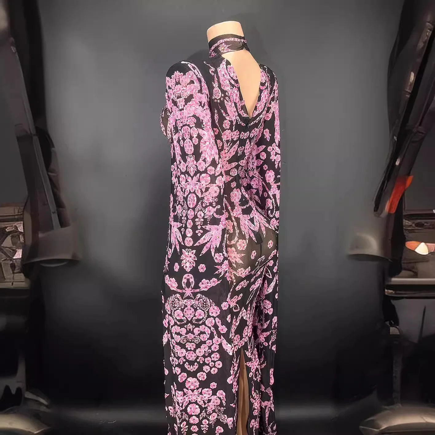 فستان أنيق برقبة عالية وحجر الراين الوردي وأكمام طويلة شبكي أسود من Vestidos Fiesta De Lujo Vestidos Largos رداء Soirée Femme Mariage