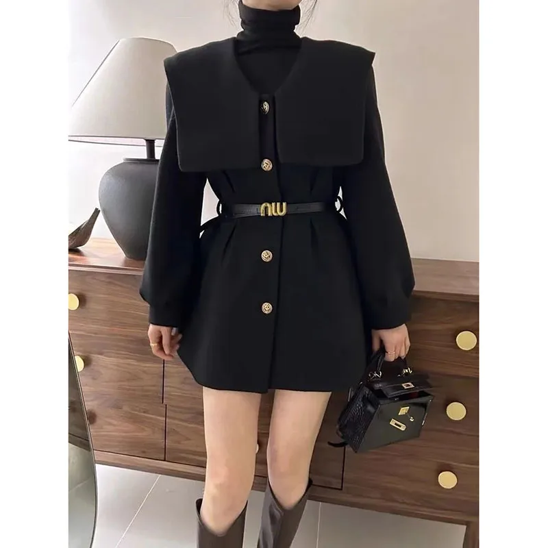 Fashion War Robe Woolen Coat For Women 2024 New Autumn Winter Doll Collar Woolen Blend Jacket Female Red Black Outerwear