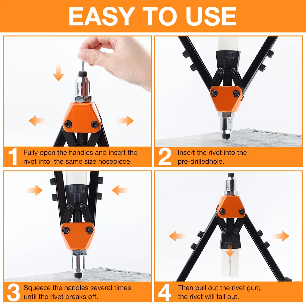 Set di rivettatrici, comprendente 5 teste per rivetti, 250 rivetti e 5 punte da trapano, adatto per rivetti da 2,4 mm/3,2 mm/4,0 mm/4,8 mm/6,4 mm, rivettatrice per uso domestico, utensile per rivetti manuale.