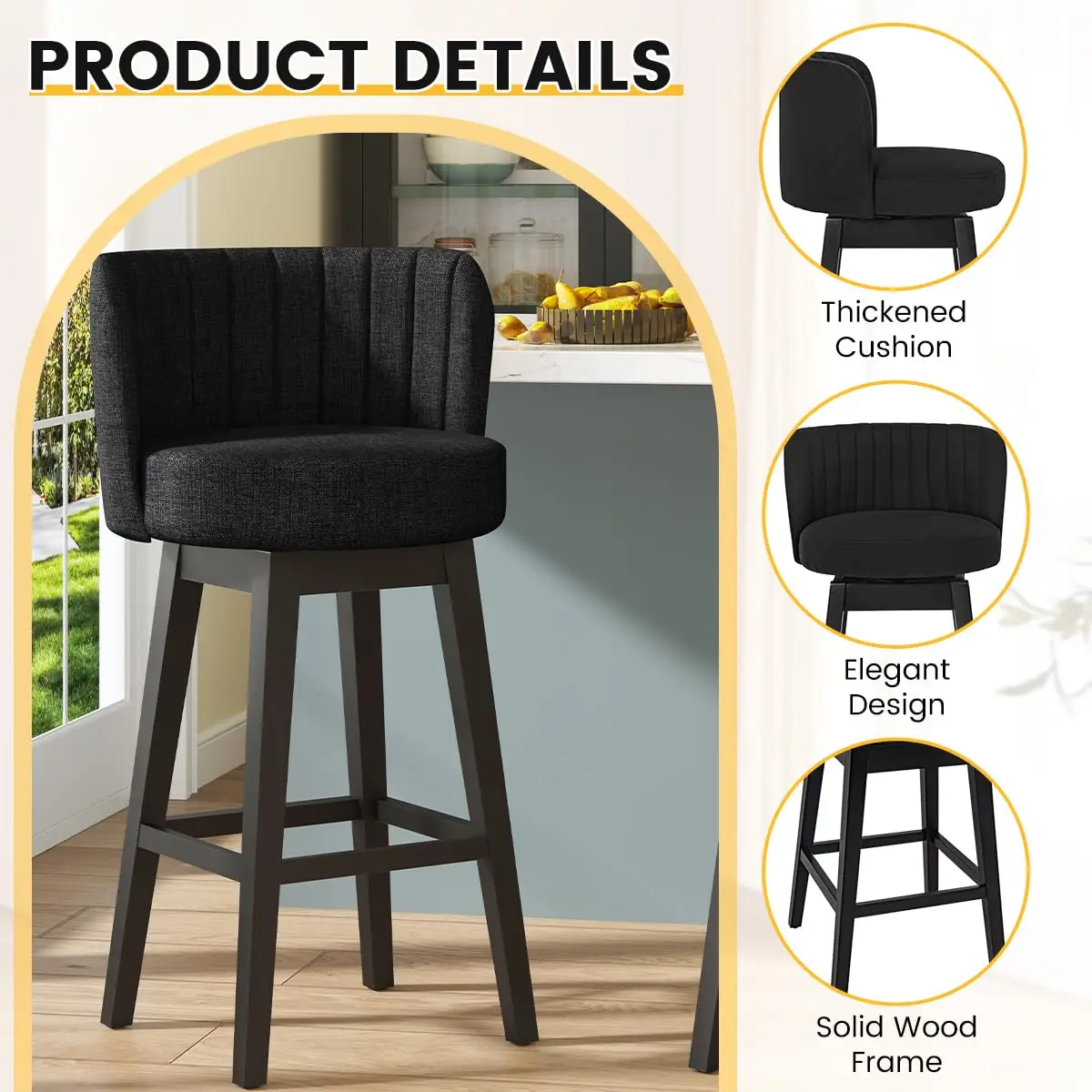 Black Swivel Bar Stools Set of 4 with Wood Legs 30" Counter Height Kitchen Dining, Customized - view 6