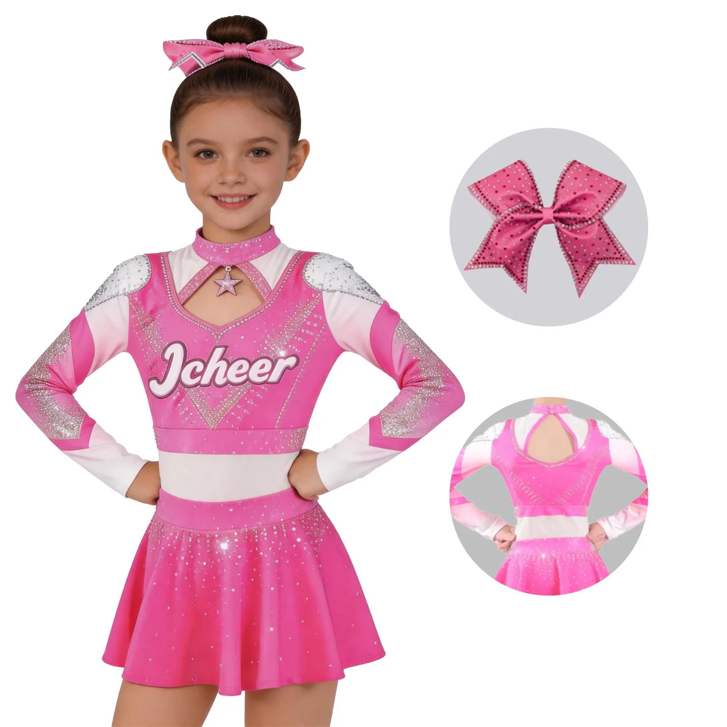 

Girls Pink White Gradient Cheerleading Costume Rhinestone Star Neckline Cheerleader Uniform with Bow Kids Dance Performance Wear
