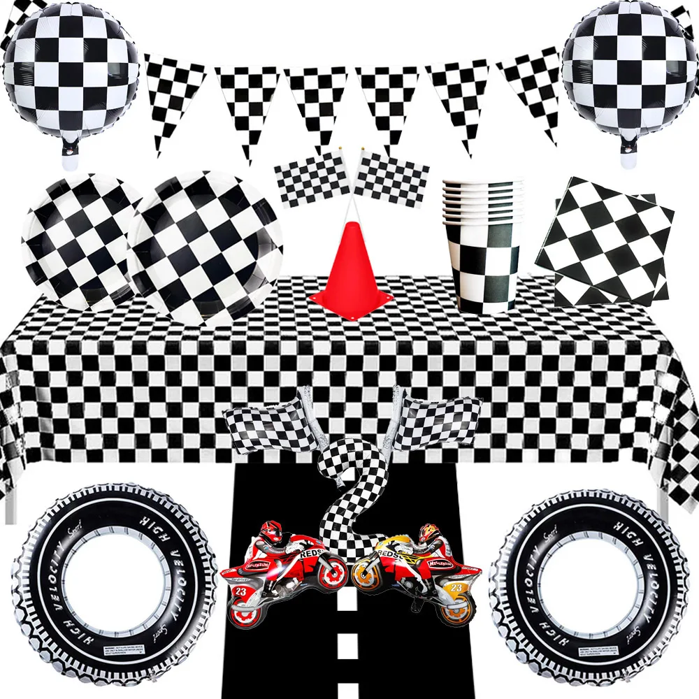 Vajilla desechable con tema de coche de carreras a cuadros para niños, mantel, platos, tazas, globos, decoraciones para cumpleaños y Baby Shower, color blanco y negro