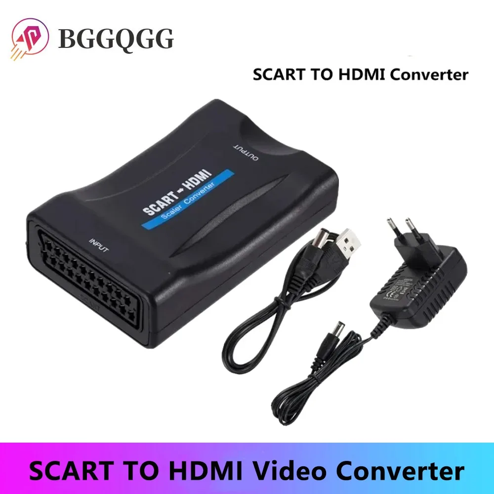 BGGQGG 1080P SCART To HDMI-compatible Video Audio Upscale Converter Adapter for HD TV DVD for Sky Box STB Plug and Play DC Cable