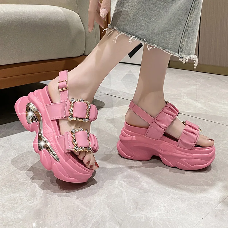 Metal Double Buckle Chunky Sandals Women Summer 2023 Shiny Crystal Platform Sandals Woman Fashion Pleated Thick Bottom Sandalias