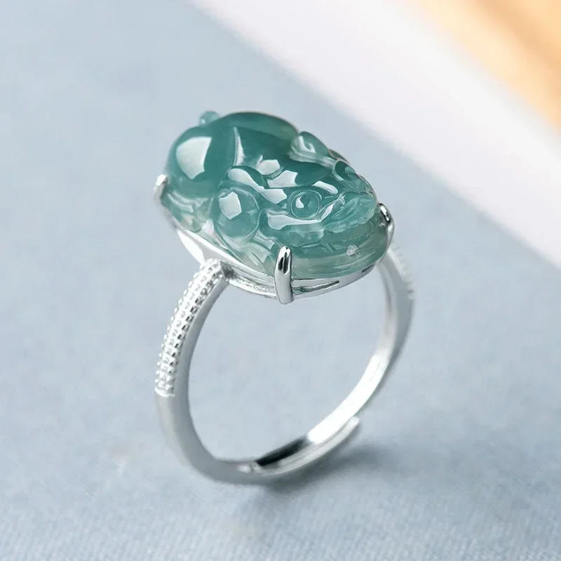 

925 Silver Inlay Burmese Emerald Jade Adjustable Pixiu Ring Necklace Bracelet Beads Natural Green Women Jewelry Customized