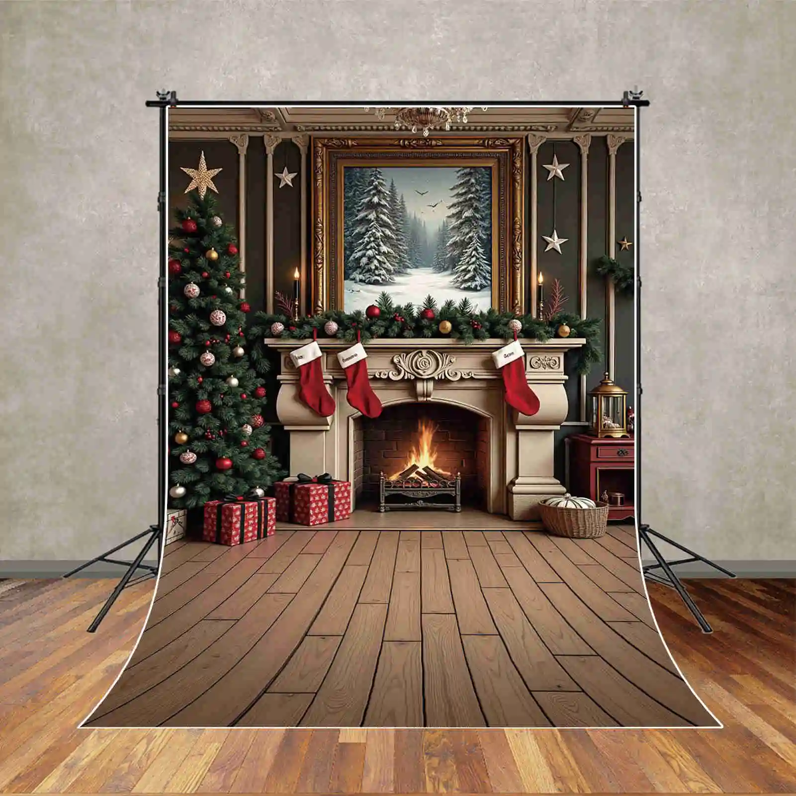 Toile de fond de Noël pour la photographie, cheminée en brique, cadeau, grand arbre, arrière-plan photo, studio photo, accessoires de photocall, 2025, 2024