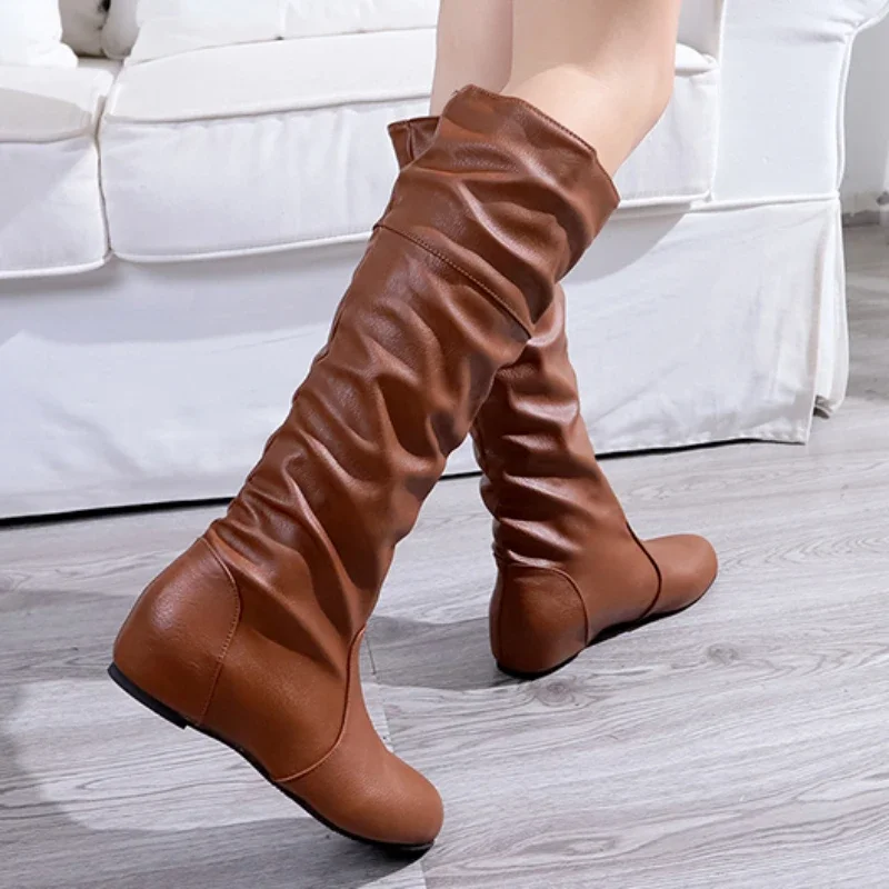 Autumn New Women\'s Thigh High Boots Fashion Plus Size Pionted Toe Wrinkle Flat Knee High Knight Boots for Women Botas De Mujer