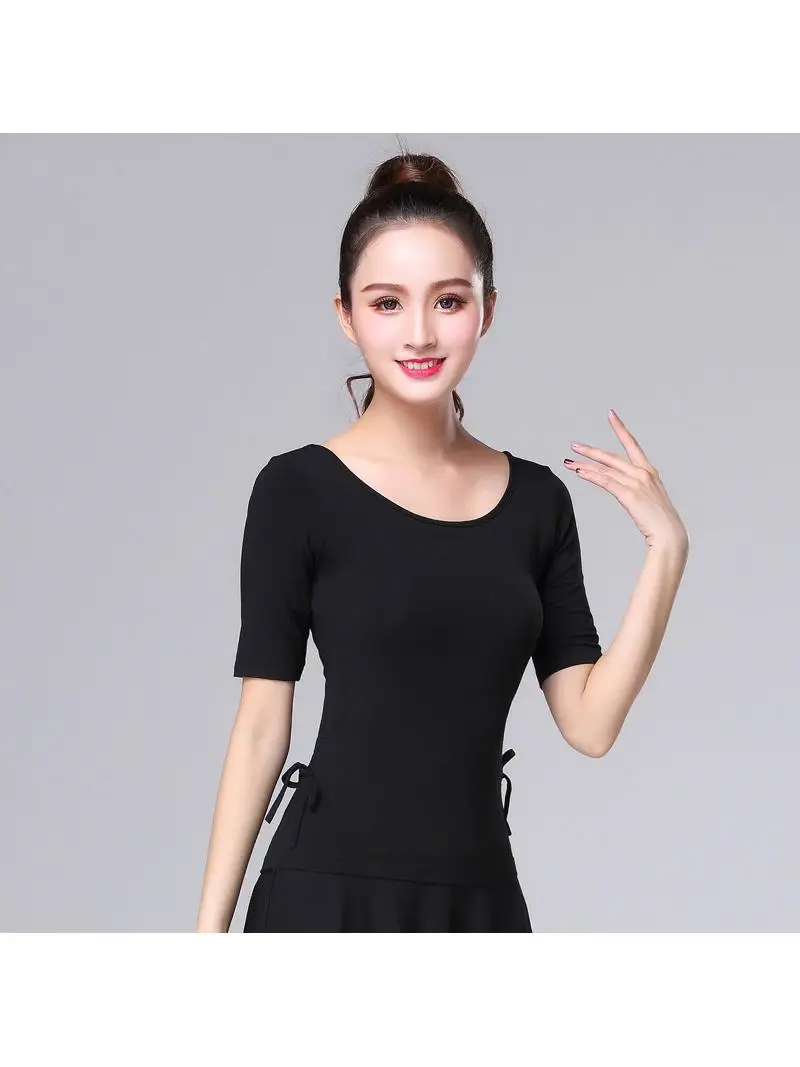 modern-dance-workout-clothes-women's-short-sleeve-drawstring-slim-fit-classical-dance-uniforms-sport-fitness-fan-gear