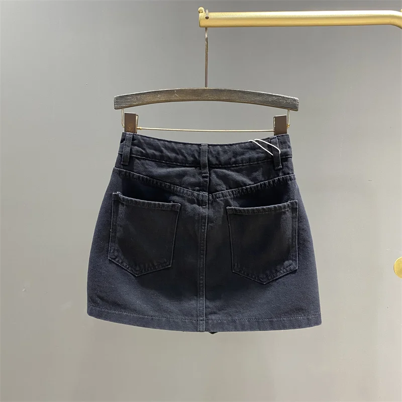 Black Double-breasted Denim Mini Skirt Women High Waist A Line Wrap Hip Cargo Skirt All Match Korean 2024 Summer Fashion