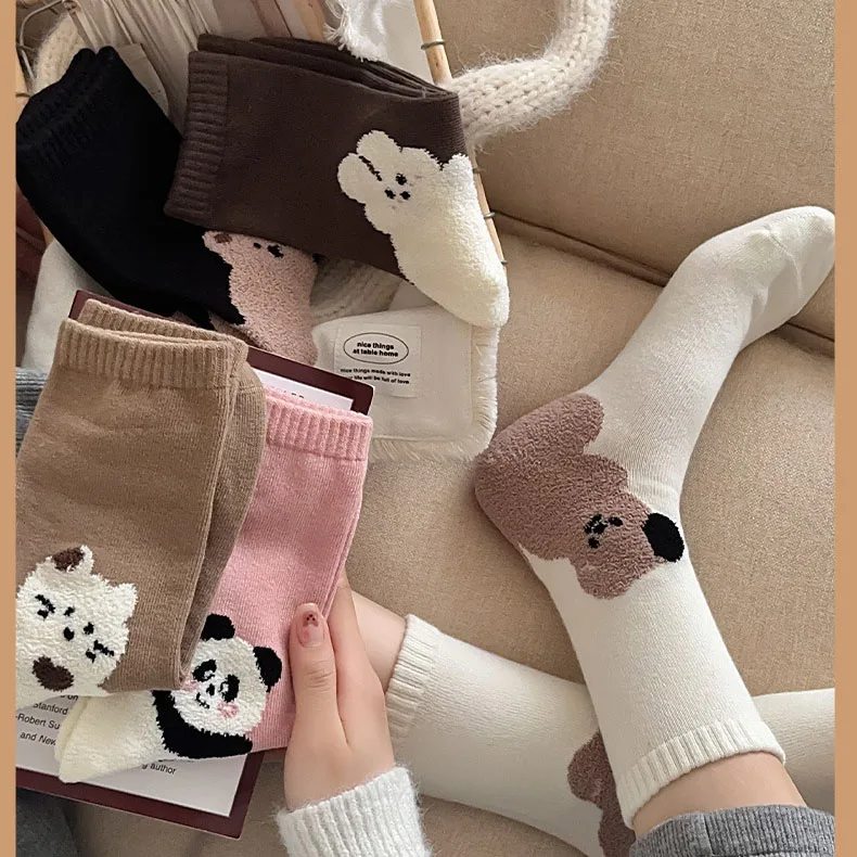 Lady Socks Japanese Fashion Autumn Winter Outerwear Comfort Birkenstock Pile Stockings Cartoon Cute Bear Flocking Mid-tube Sock