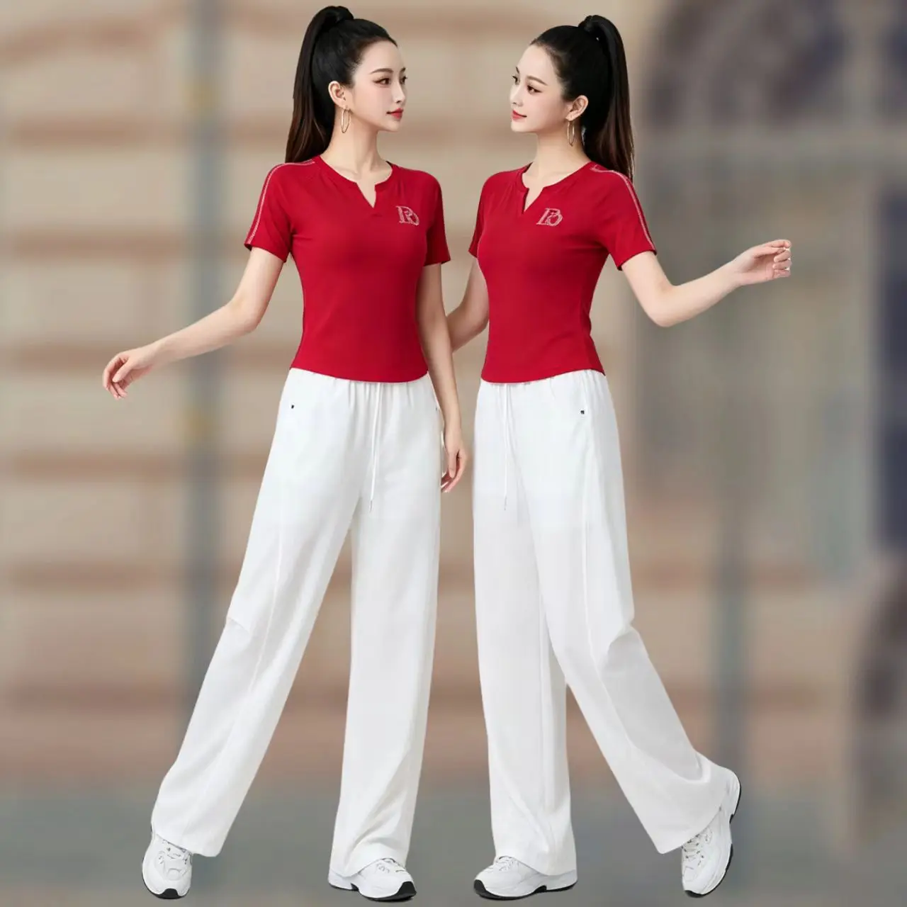 summer-fashion-square-dance-clothing-set-women's-new-v-neck-short-sleeve-wide-leg-pants-gym-sportswear-cotton-fitness-outfit