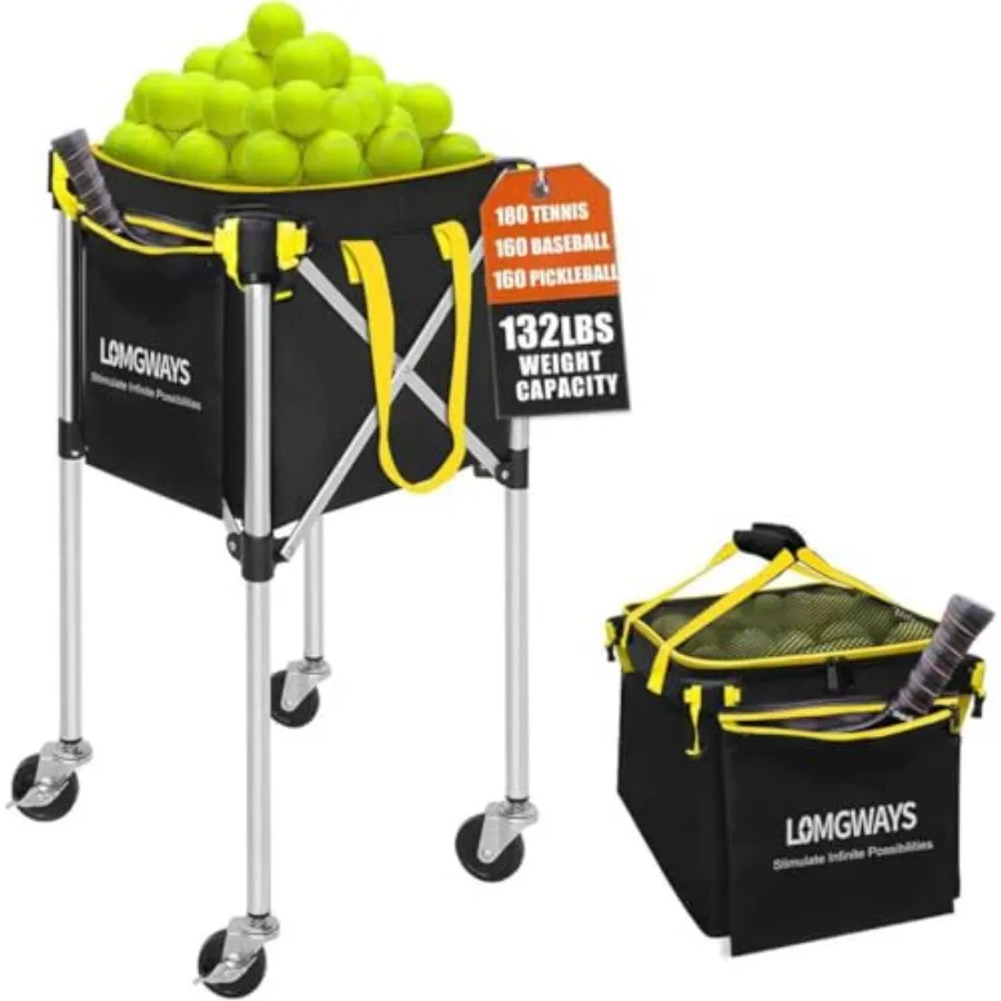 

Pickleball Tennis Ball Hopper-Foldable Lightweight Tennis Cart Holds 180 Tennis/160 Pickleballs with Removable BagWheels Side P