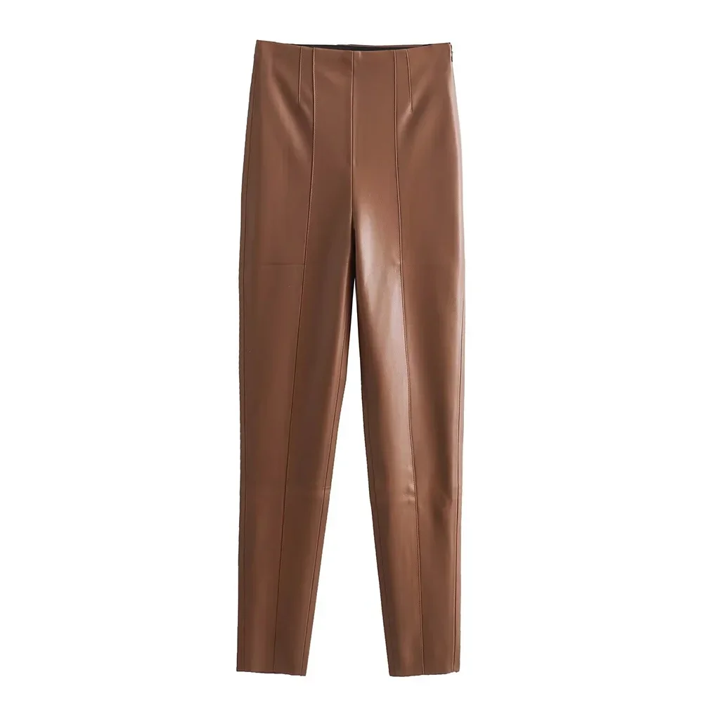 Black Beige Light Brown Three Color High Waist Slim Artificial Leather Side Zipper Women Long Leggings   New
