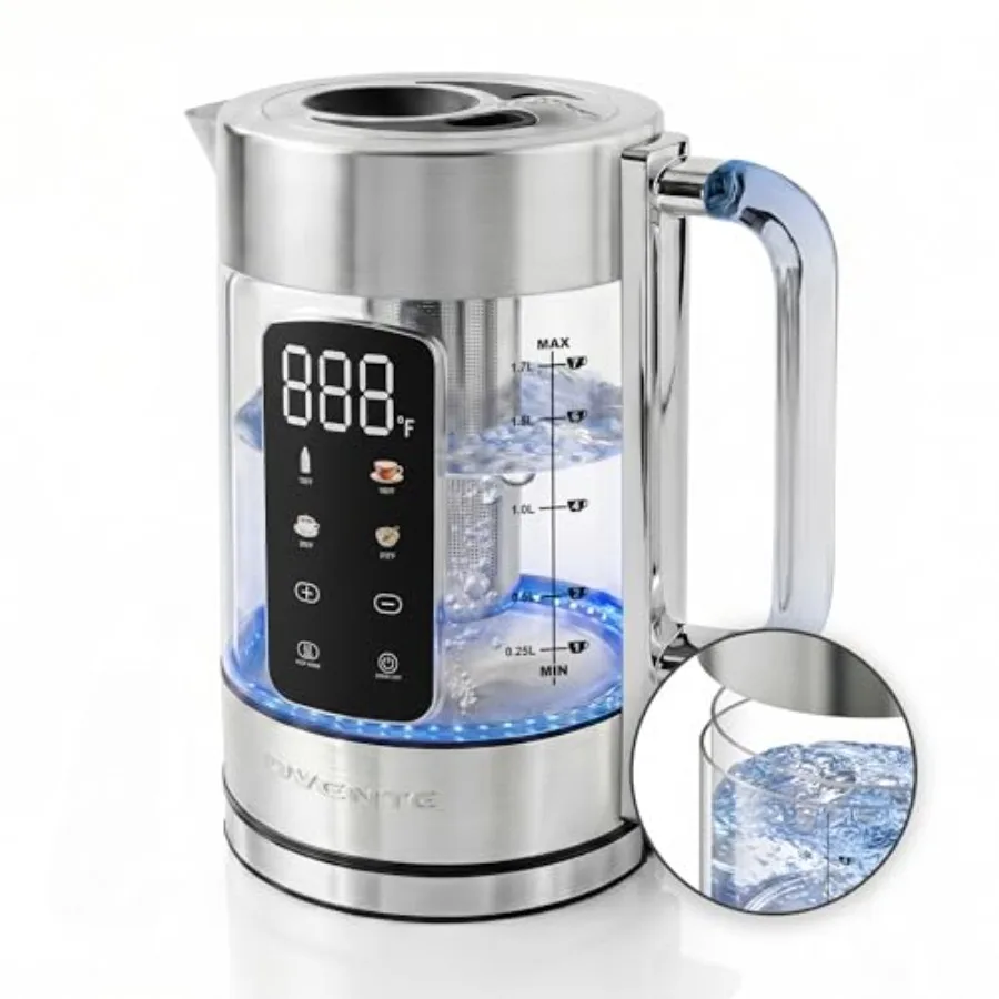 

Digital Glass Electric Tea Kettle 1.7L with Color-Changing LED Lights Temperature Control, Double-Wall Cool Touch, 4 Presets, K