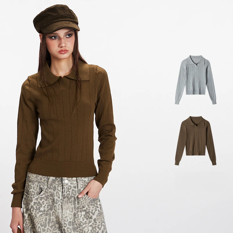 

Women'S New Arrival Winter Slim Fit Collar Neck Knitted Sweater Solid Color Vintage Minimalist Versatile Warm Olive/Gray Top