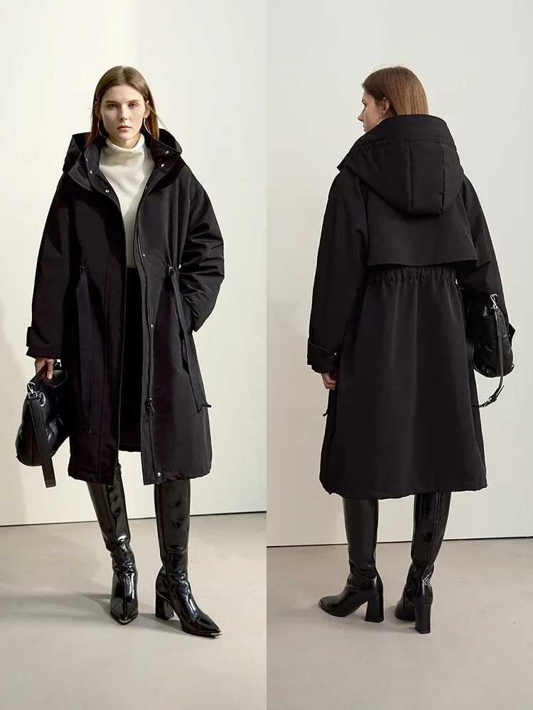 AMII-Ensemble deux pièces minimaliste pour femme, manteau en duvet épissé, capuchon à poignées amovibles, ceinture à cordes de proximité, pardessus long décontracté, hiver 2024, 12444037