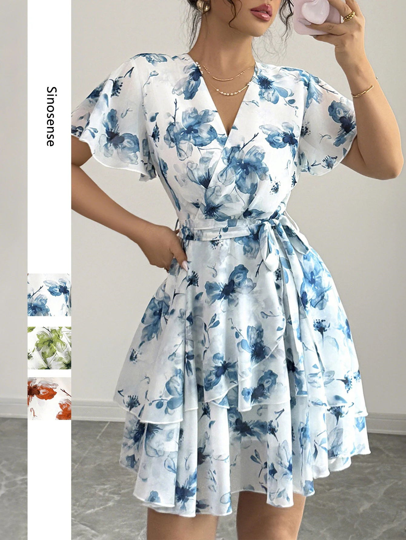 Mulheres verão boho floral mini vestido sexy envoltório decote em v em camadas flowy skater vestido elegante cocktail festa praia vocação vestido