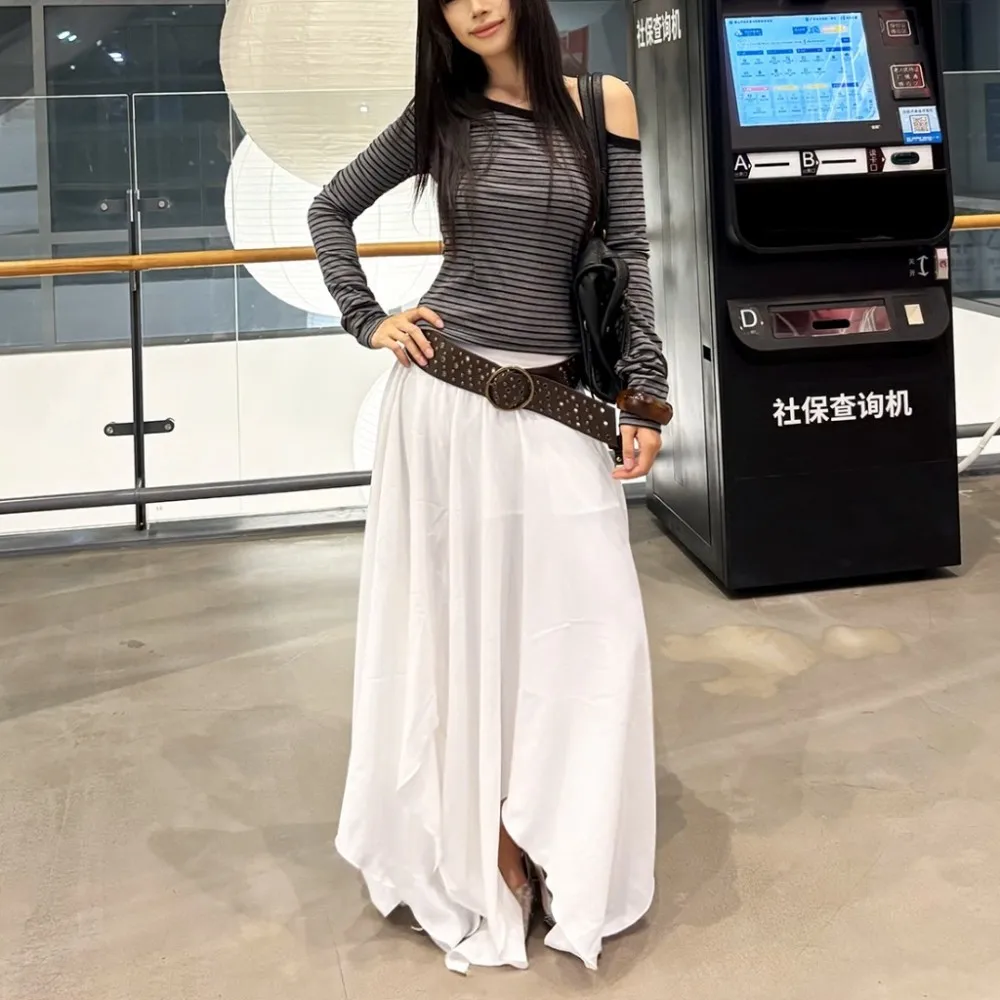 Kliou Casual Elegant Long Skirts Woman Y2K Style Elastic Waist Irregular Shape Daily Street Basic Solid Simple Fashion Bottoms