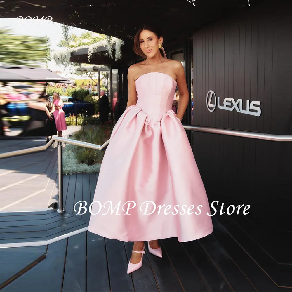 

BOMP Pink Party Dresses Strapless Satin Ankle Length Pockets Slim A Line Evening Gowns Formal Homecoming Dress Customized