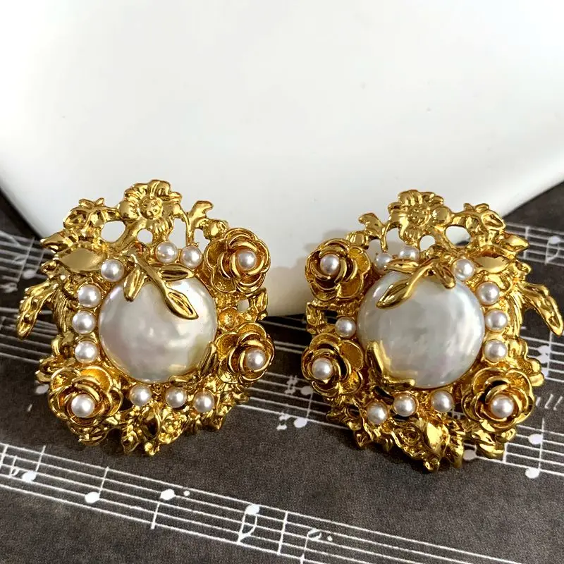 Baroque Freshwater Pearl Retro Exaggerated Fashion Style Antique Flower Women's Banquet Earrings Accessories