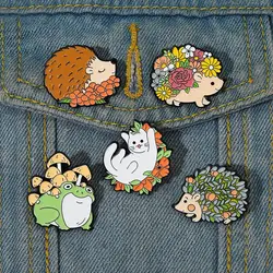 Floral Animals Enamel Pins Custom Hedgehog Cat Frog Mushroom Brooches Lapel Badges Cute Kawaii Jewelry Gift for Kids Friends