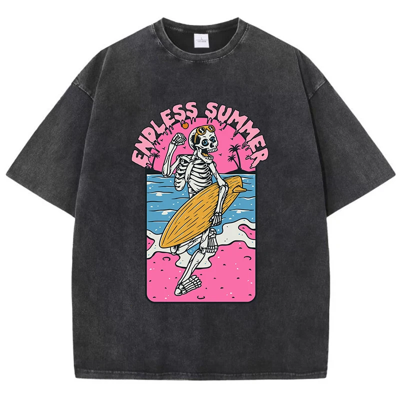 

Fashion Women Cotton Washed T-Shirt Endless Summer Skull Surfing Printing Short Sleeve Casual Loose Tee Shirt Vintage Clothes