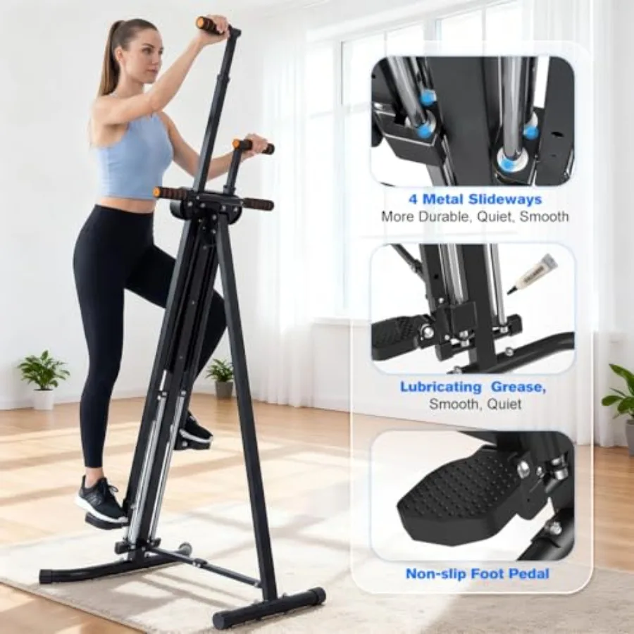 Home gym stair stepper with steel guide rails black finish foldable design for space-saving storage and 5-level height adjustme