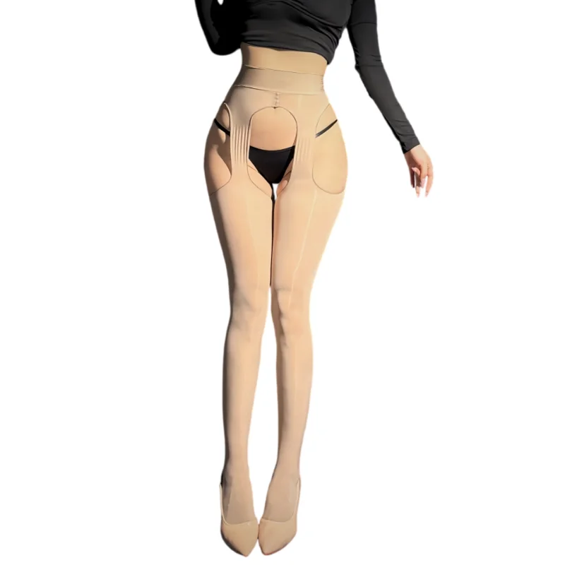 Ladies Oil Gloss Sheer Grey Tights 4-Side Hollow Cutout Integrated Suspender Stockings Oil Open Crotch Pantyhose Sexy Legwear