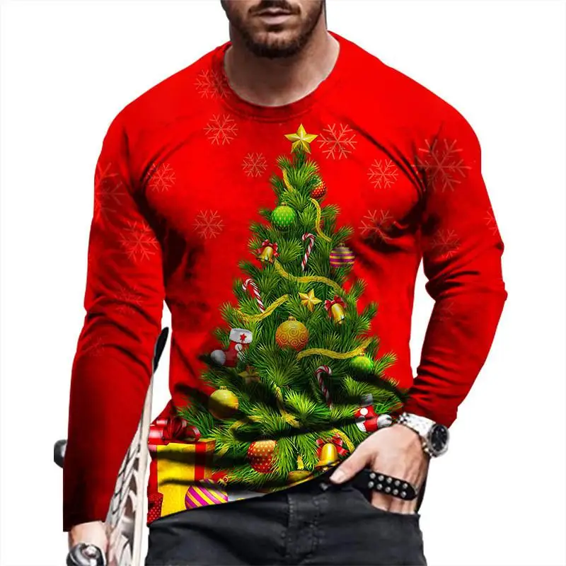 

2024 Christmas Tree Pattern Men's Street Long Sleeve T-shirt Spring and Autumn 3D Printing Fashion Loose Men's Casual Tops