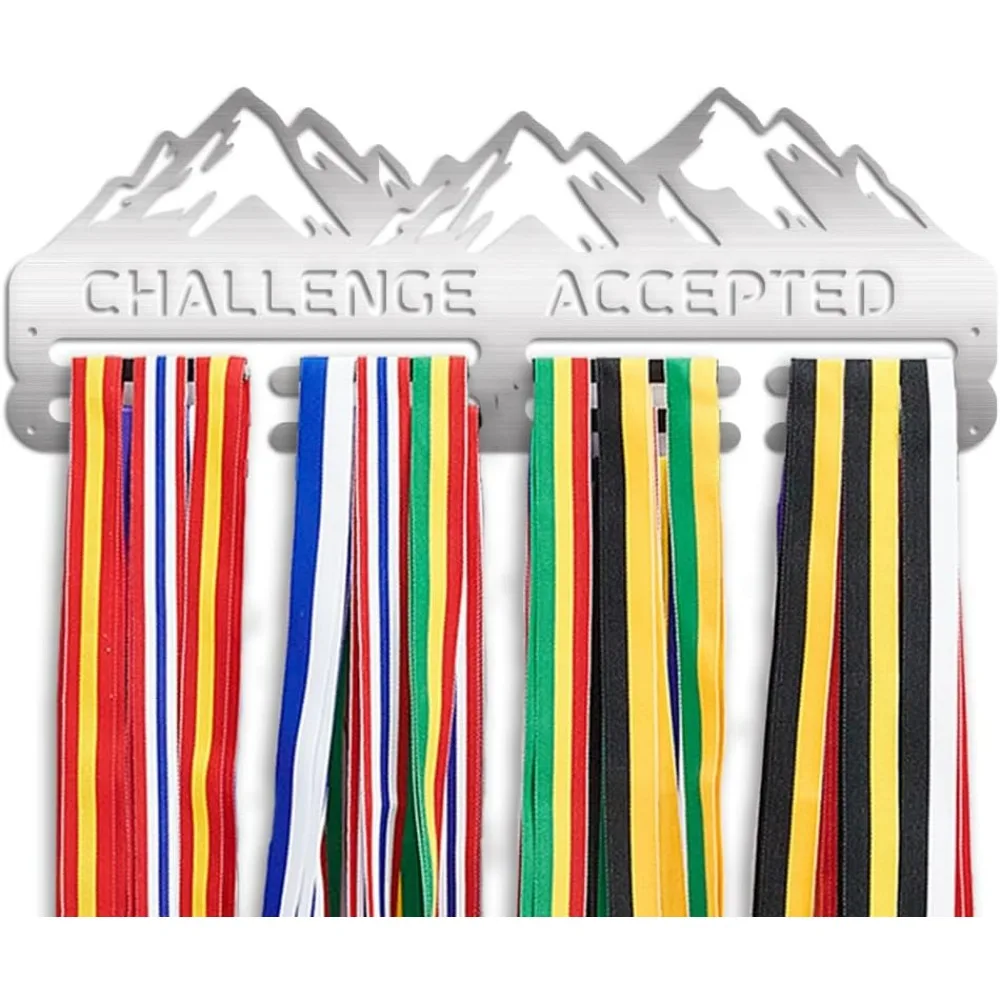 Challenge Accepted Medal Holder, Mountain Medal Display 2 Lines Stainless Steel Color Wall Mount Hanger Decor with Screw