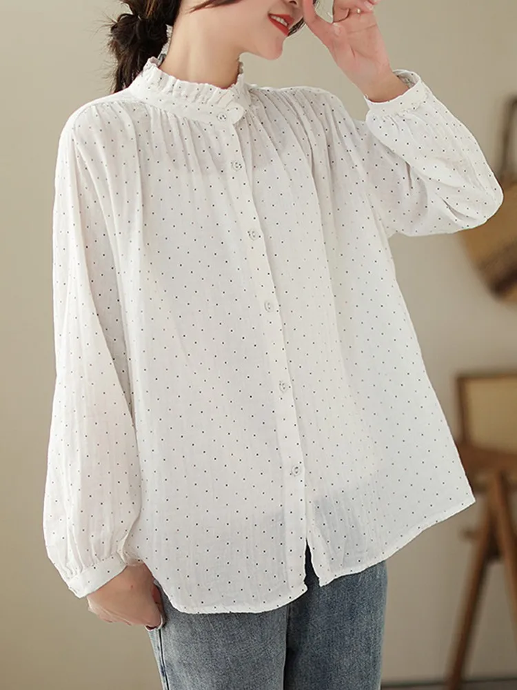 Women Long Sleeve Casual Shirts New Arrival 2023 Spring Vintage Style Stand Collar Polka Dot Loose Female Cotton Tops B2211