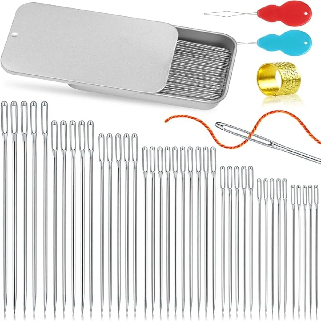 Large-Eye Blunt Needles Tapestry Needle With Needle Threader Thimble For Sewing Knitting Crafting Weaving Steel Yarn Needles