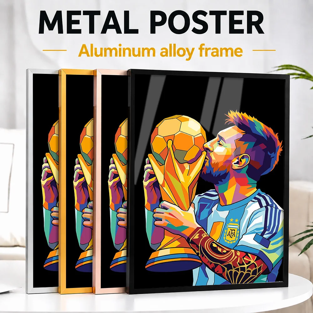 Lionel Messi Kissing Trophy Framed Metal Print Personalized Illustrated Wall Art For Clubhouse Reception Area, Soccer Fan Gift