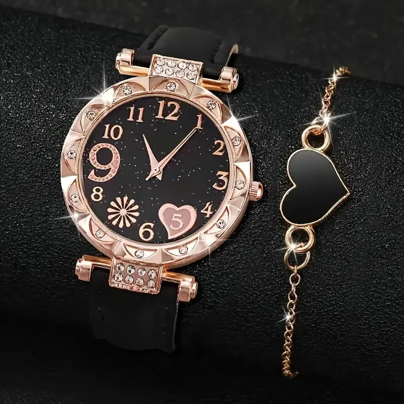 2pcs/set Elegant Round Digital Quartz Watch+Bracelet, Precise Electronic Movement, Women's Watch Set