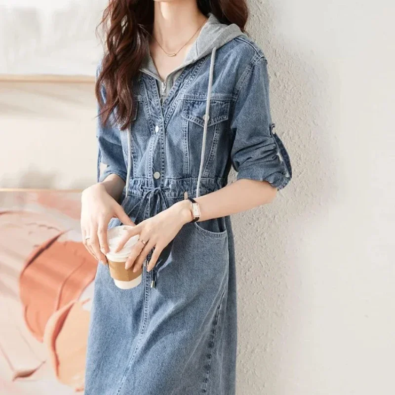 Sukienki dla kobiet Wiosna Jesień Denim z kapturem New In Woman Sukienka z długim rękawem Xxl Designer Fashion Summer 2025 Loose Elastic Hot G